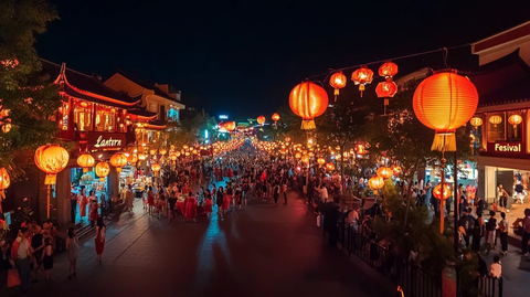 挂满灯笼的热闹街道夜景