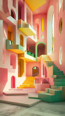彩色楼梯与几何吊灯迷宫