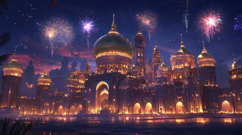 夜景中灯火辉煌的宏伟宫殿建筑