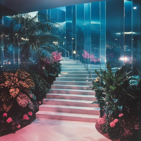 镜面楼梯与花卉走廊