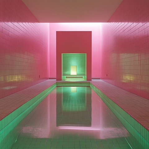 中式建筑粉绿光影融合