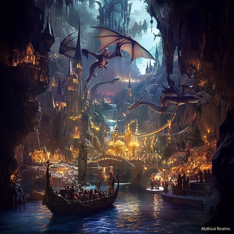 神秘洞穴中灯火辉煌的奇幻城堡景观