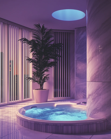 灰色浴缸与蓝色圆形灯
