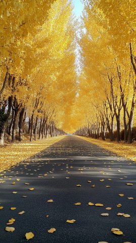 金黄银杏叶铺满的林间大道