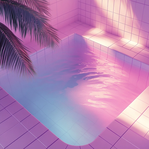 白色瓷砖池子粉红灯光棕榈叶