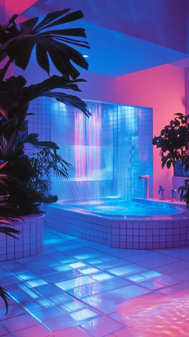 蓝色浴室与热带植物