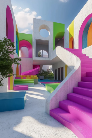 几何迷宫住宅粉绿蓝色彩交织