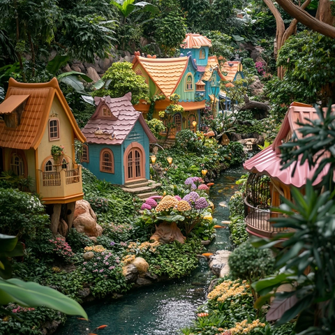 童话风格的多彩小屋与绿植环绕的小溪