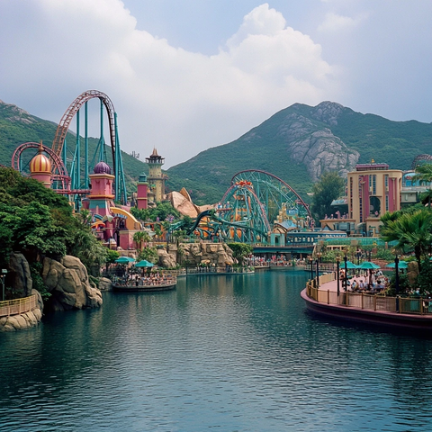 依山傍水的游乐园全景