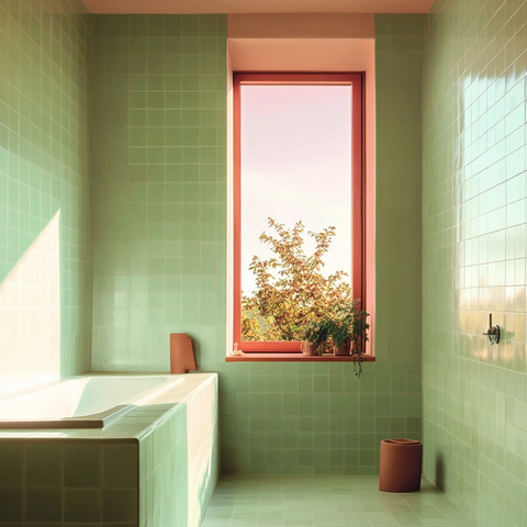 浴室绿色瓷砖窗边浴缸