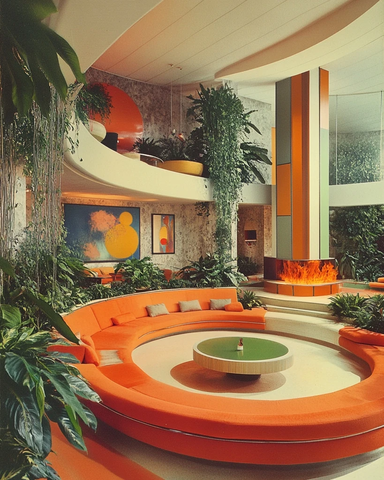 圆形座椅绿植橙色壁炉