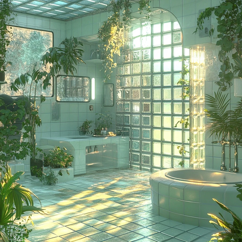 玻璃马赛克浴室与棕榈植物