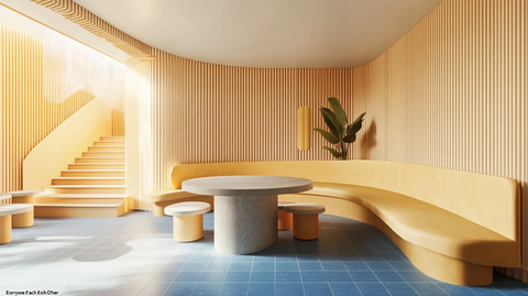 弧形墙蓝砖地板黄色木墙板