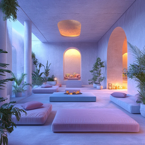 蓝色粉色冥想空间植物沙发