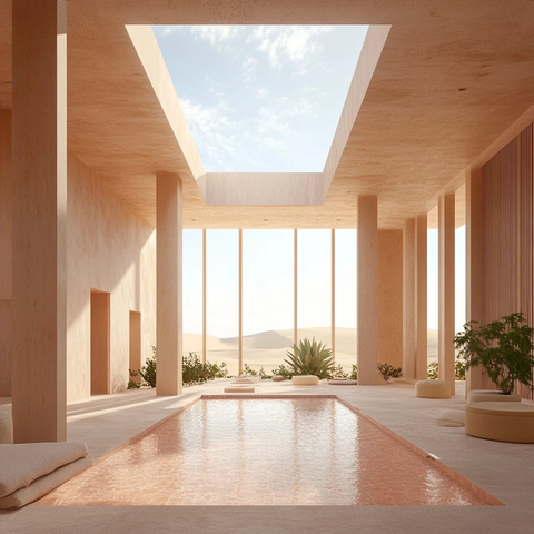 极简内饰与沙漠景观泳池