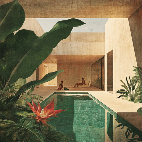 热带房屋绿植环绕泳池景致