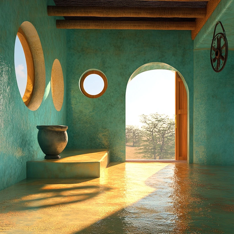 圆窗方形门彩色墙面