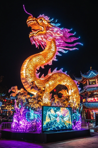 灯光璀璨的大型龙形彩灯夜景