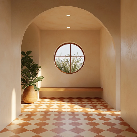 圆窗实木座椅门厅设计