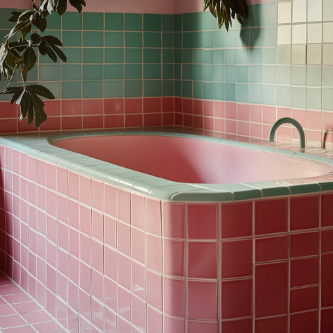 粉色与薄荷色瓷砖浴缸