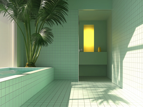 淡雅浴室与绿植玻璃门