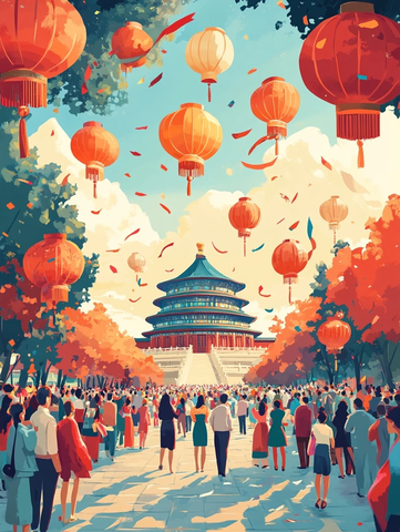 天坛前人群聚集景象空中飘满红灯笼