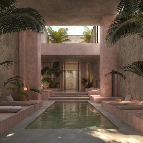 热带风情三层粉色建筑