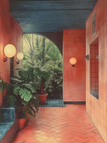 砖地板墙砖蓝木天花热带植物