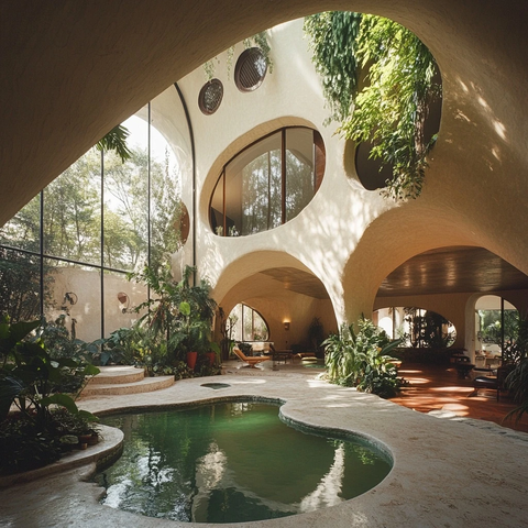 中央庭院植物环绕泳池