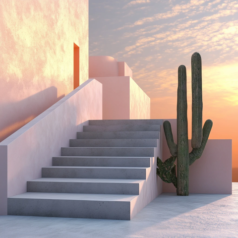 粉色房屋混凝土楼梯日落仙人掌