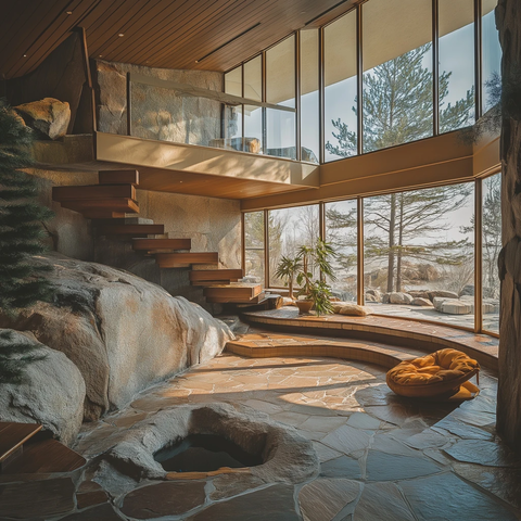 高天花板客厅岩石楼梯坐卧区