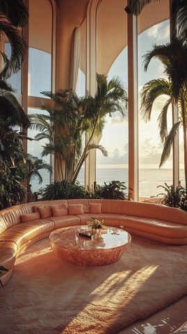 皮沙发圆桌植物海洋窗景