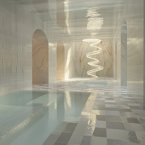 棋盘地板水池螺旋柱石英墙