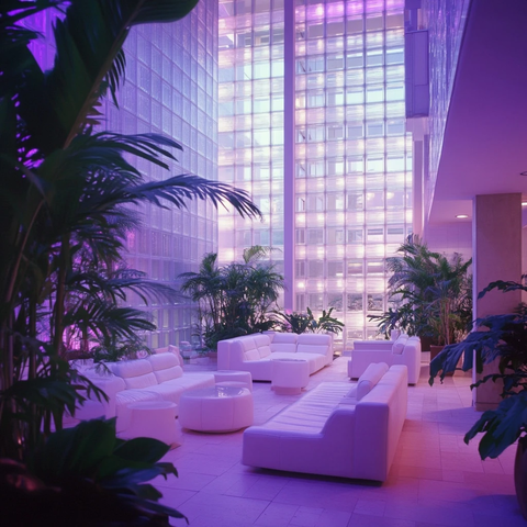 玻璃墙紫色光植物公寓大厅