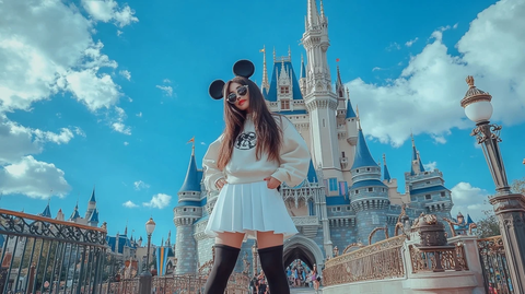 穿米妮装女子站在迪士尼城堡前的景象