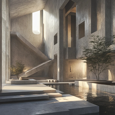 几何混凝土教堂光影水元素