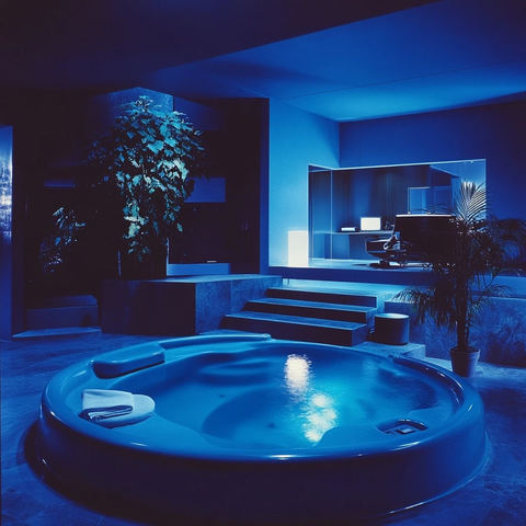 蓝色水疗室与照明泳池