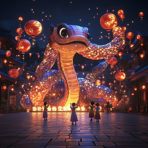 巨型蛇灯雕塑下的孩童夜景
