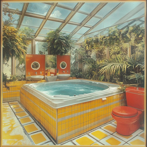 带按摩浴缸的玻璃窗中世纪住宅