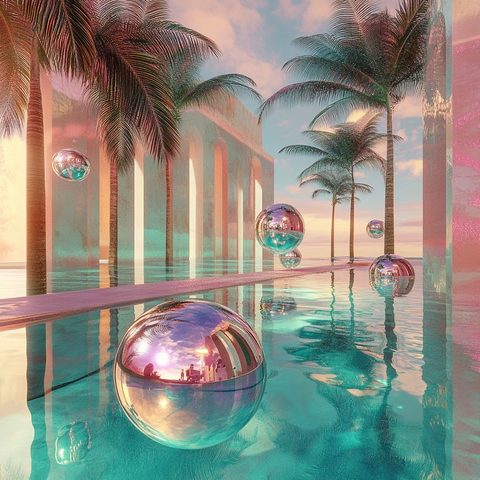 游泳池反射棕榈树浮球