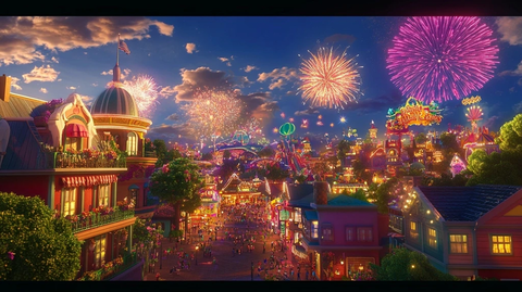 游乐场内热闹非凡并有绚烂烟花绽放