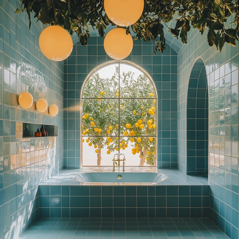 蓝色瓷砖卫浴与柠檬树