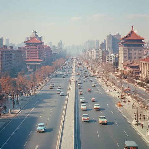 宽阔大道上车辆穿梭的城市街景