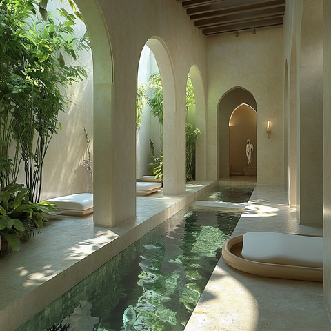 水道贯穿的室内绿植空间