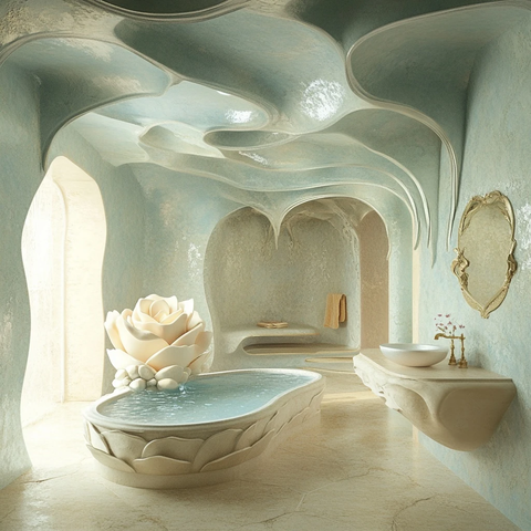 玫瑰花瓣浴缸与云朵墙壁