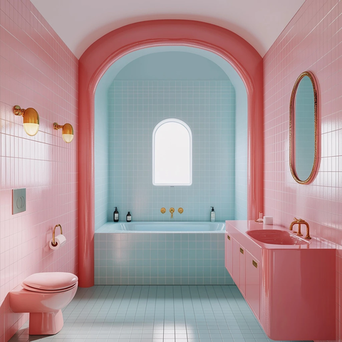 粉色浴室蓝色瓷砖复古浴缸