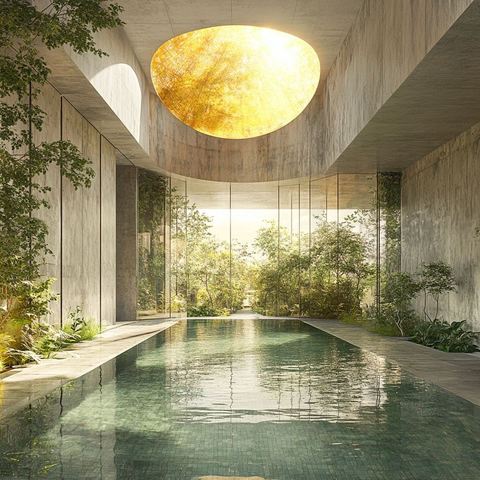 半户外游泳池绿植环绕