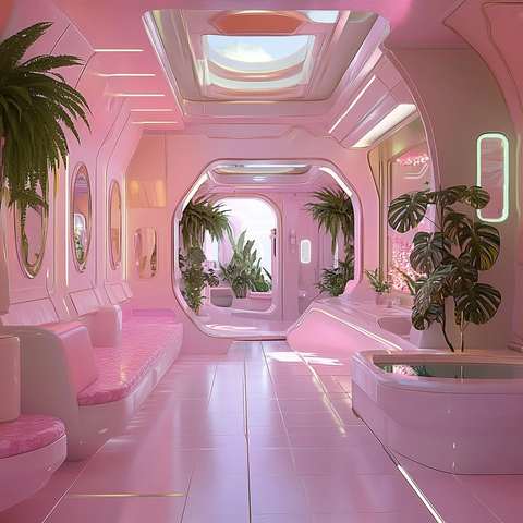 粉色未来船舱与植物镜面
