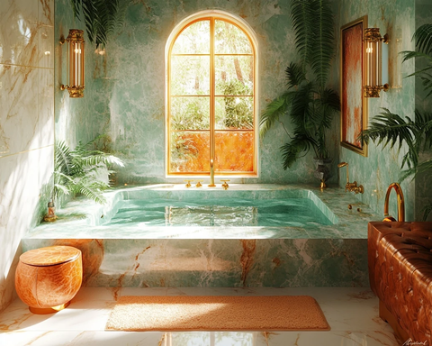 现代浴室与金色烛台植物