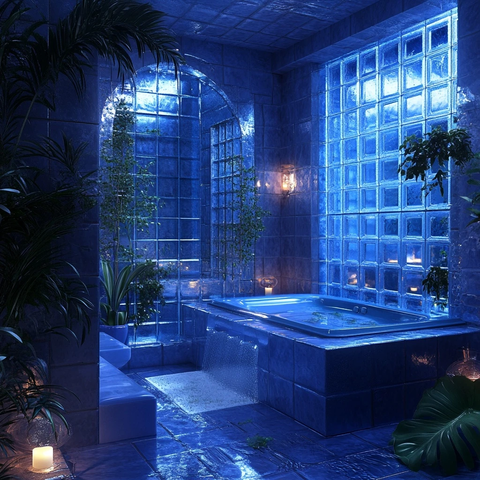 蓝色灰色玻璃砖浴室